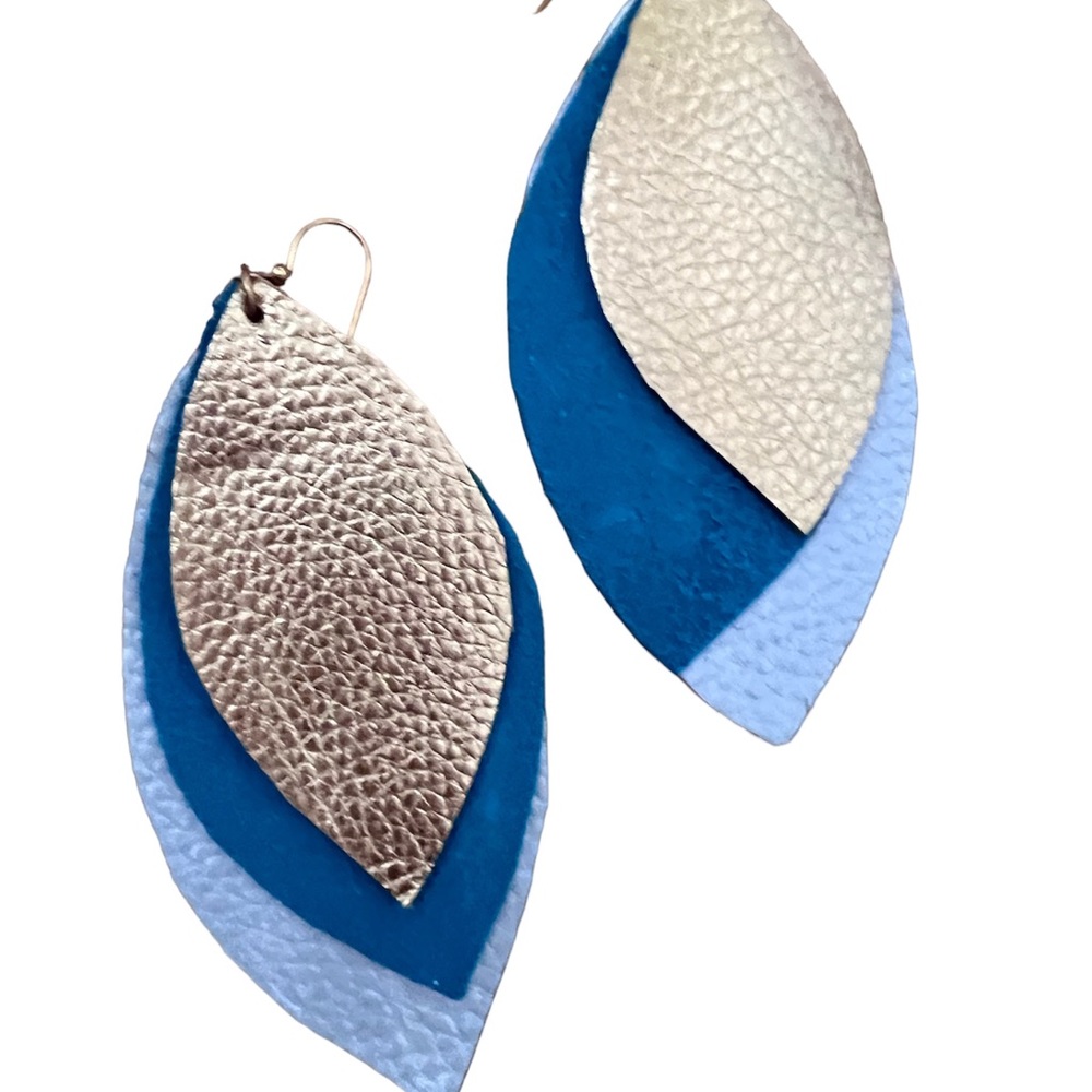 Boho statement earrings. Blue. Gold. Silverfish/blue.